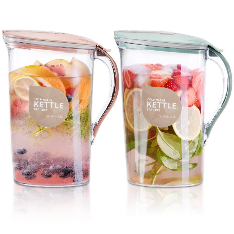 Coloch Coloch 2 Pack 2 Quart Plastic Water Pitcher with Flip Top Spout Lid Clear Slim Water Container for Fridge Door Juice Pitcher with Scale Line for Tea Lemonade Handmade Drinks Blue and Pink 
