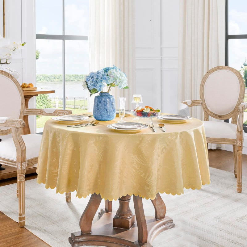 EFFICINATURE كفاءة جولة المائدة المائدة الذهبية مائدة قطعة قماش أوراق النمط حافة حريرية حريرية ناعمة مقاومة للماء قابلة للغسل 50 بوصة غطاء طاولة النسيج ل 20-38 "" طاولة الطعام المطبخ الحزب الديكور - Image 1