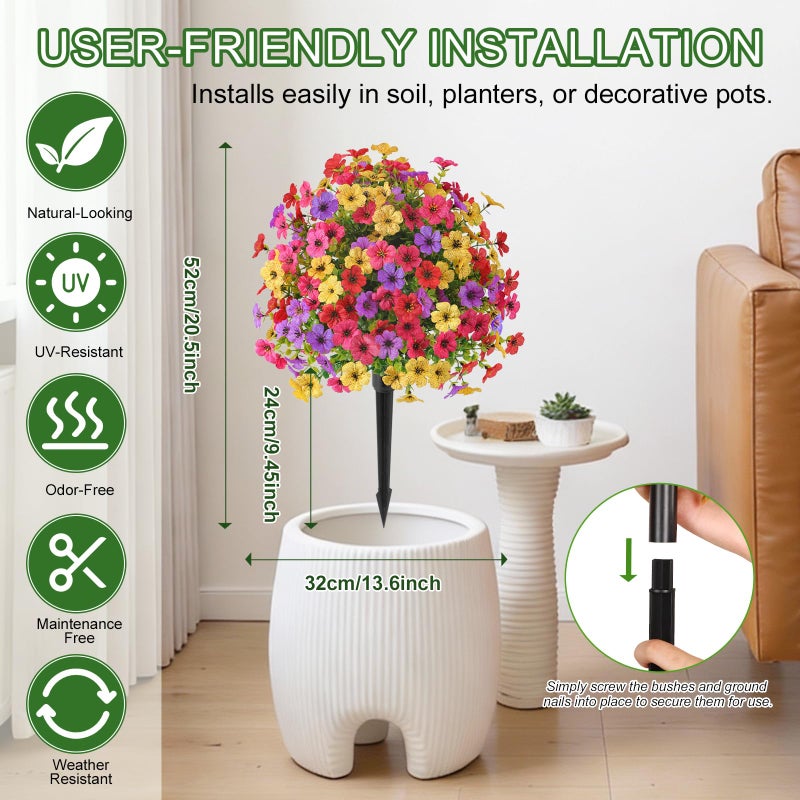 Alupssuc 2Pcs 20" Artificial Topiary Ball Flowers For Outdoors Planters, Spring Decoration with Spike, UV Resistant Faux Summer Plants, Fake Bushes Indoor Decor, Mix 4 Colors for Garden, Porch & Patio - Image 2