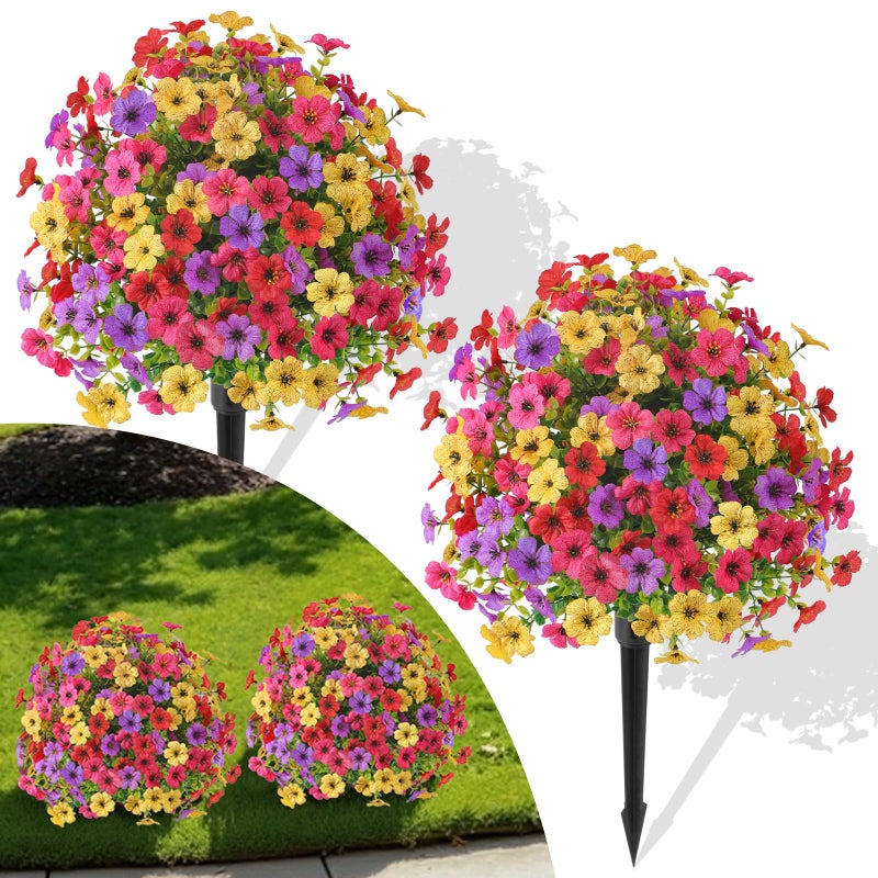 Alupssuc 2Pcs 20" Artificial Topiary Ball Flowers For Outdoors Planters, Spring Decoration with Spike, UV Resistant Faux Summer Plants, Fake Bushes Indoor Decor, Mix 4 Colors for Garden, Porch & Patio - Image 1