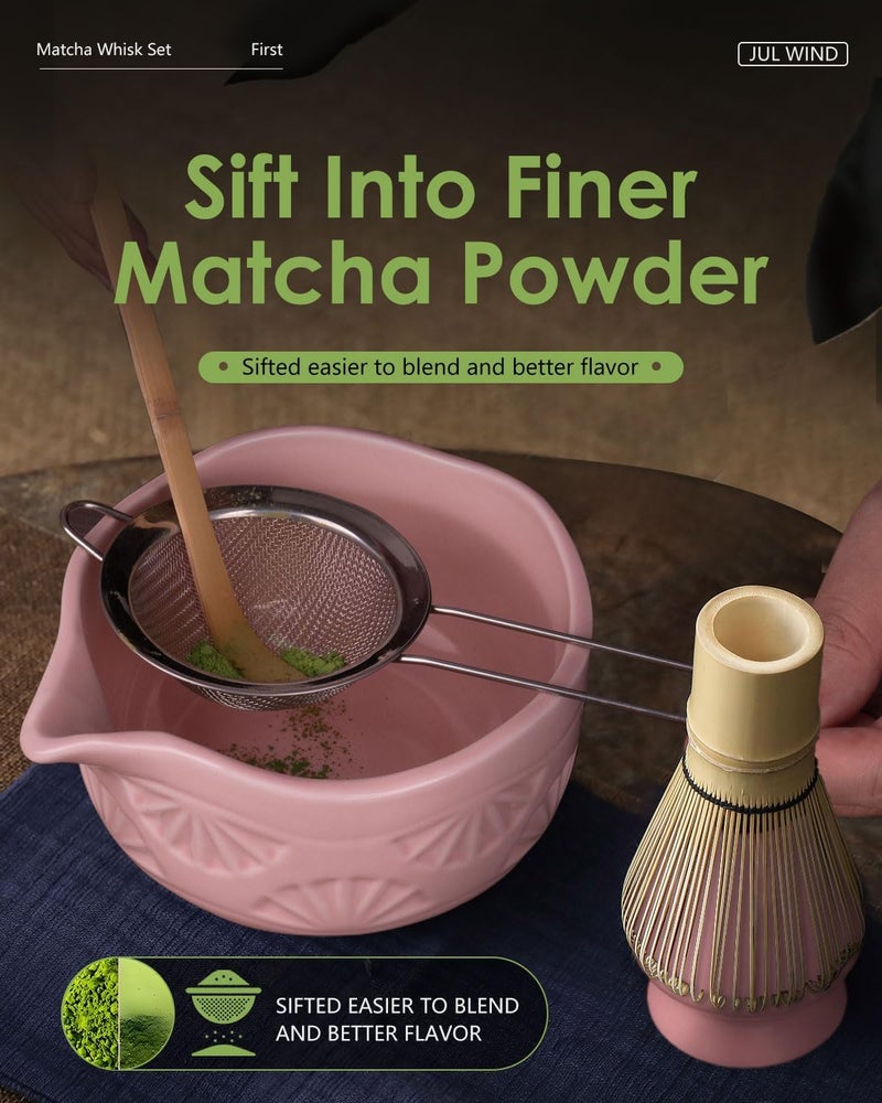 JUL WIND Matcha Whisk Set, Ceramic Matcha Set Includes Matcha Bowl with Spout, Matcha Whisk and Holder, Bamboo Scoop, Sifter and Tea Towel - 6 Pcs Matcha Kit Gift for Matcha Lovers (Pink) - Image 4