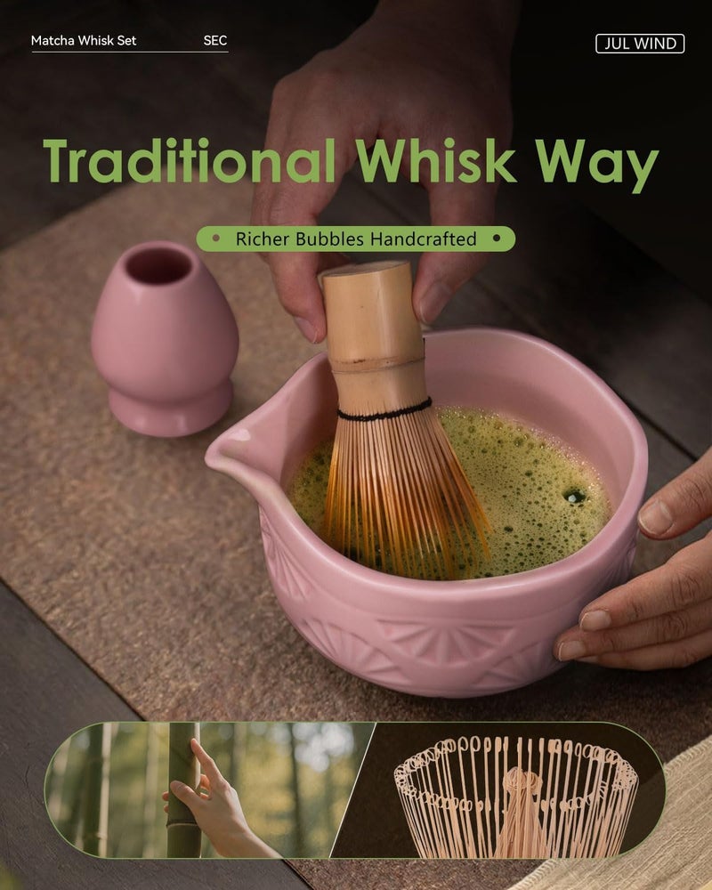 JUL WIND Matcha Whisk Set, Ceramic Matcha Set Includes Matcha Bowl with Spout, Matcha Whisk and Holder, Bamboo Scoop, Sifter and Tea Towel - 6 Pcs Matcha Kit Gift for Matcha Lovers (Pink) - Image 5