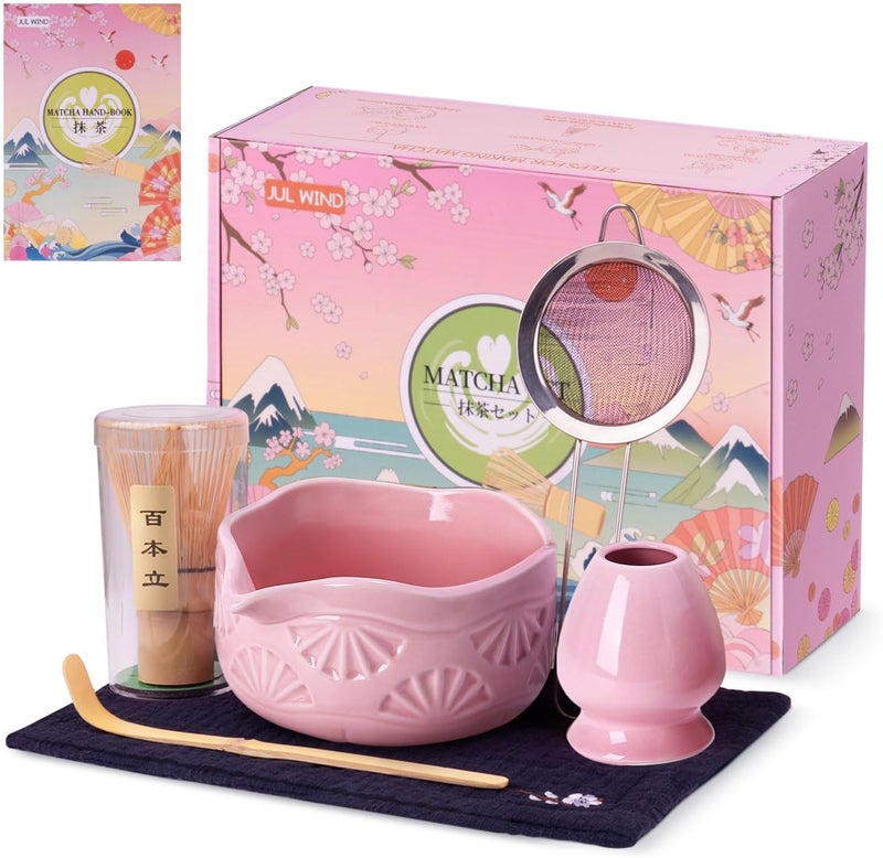 JUL WIND Matcha Whisk Set, Ceramic Matcha Set Includes Matcha Bowl with Spout, Matcha Whisk and Holder, Bamboo Scoop, Sifter and Tea Towel - 6 Pcs Matcha Kit Gift for Matcha Lovers (Pink) - Image 1