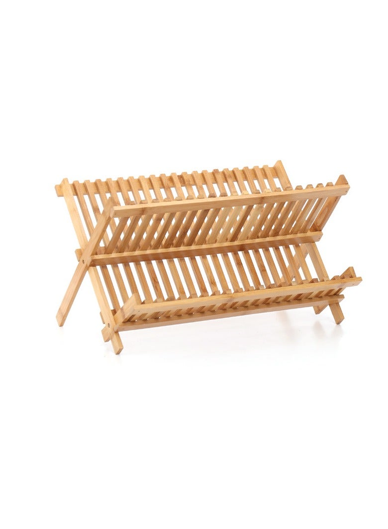 Bluejw Foldable Dish Drying Rack,2 Tier Wood Dish Drying Stand,Large Dish Strainer Rack For Bowls Plates Cups Pans,Collapsible Dish Bowl Storage Shelf For Kitchen Countertop Pantry - Image 1