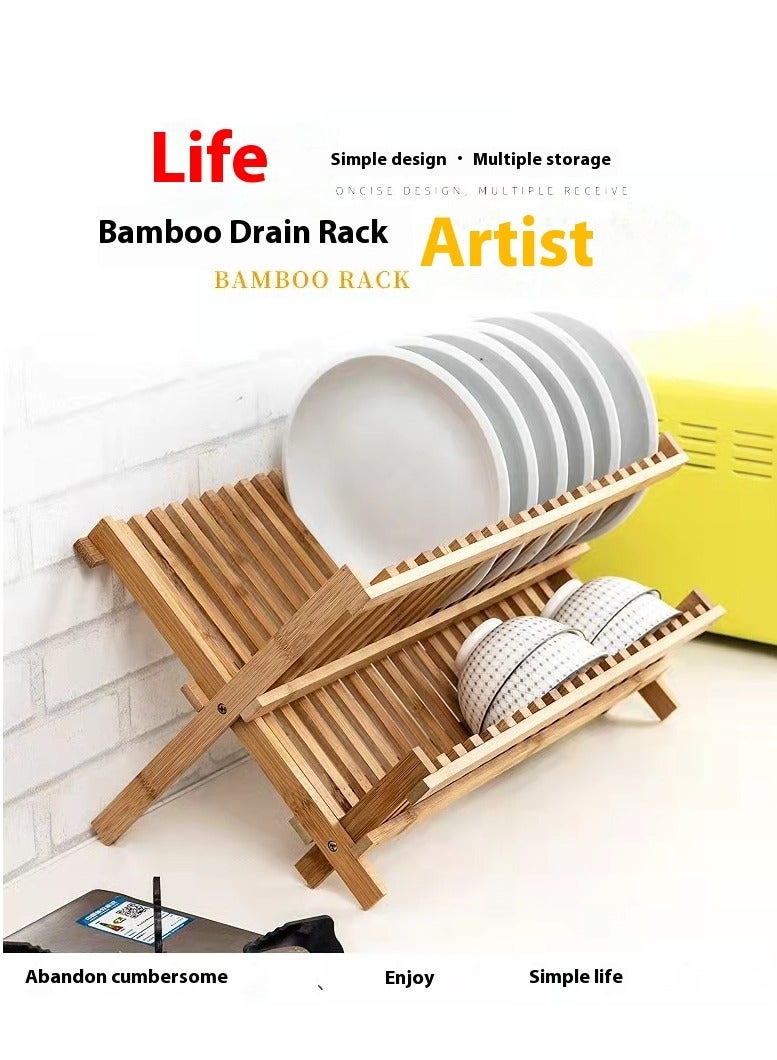 Bluejw Foldable Dish Drying Rack,2 Tier Wood Dish Drying Stand,Large Dish Strainer Rack For Bowls Plates Cups Pans,Collapsible Dish Bowl Storage Shelf For Kitchen Countertop Pantry - Image 2