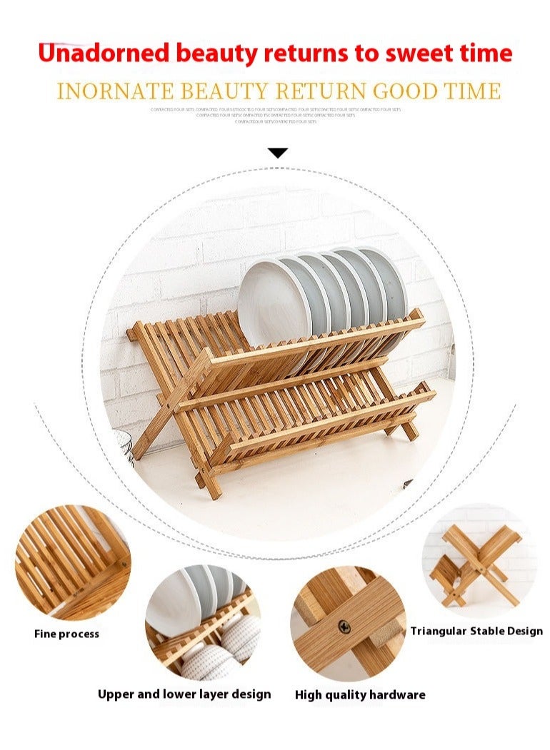 Bluejw Foldable Dish Drying Rack,2 Tier Wood Dish Drying Stand,Large Dish Strainer Rack For Bowls Plates Cups Pans,Collapsible Dish Bowl Storage Shelf For Kitchen Countertop Pantry - Image 3