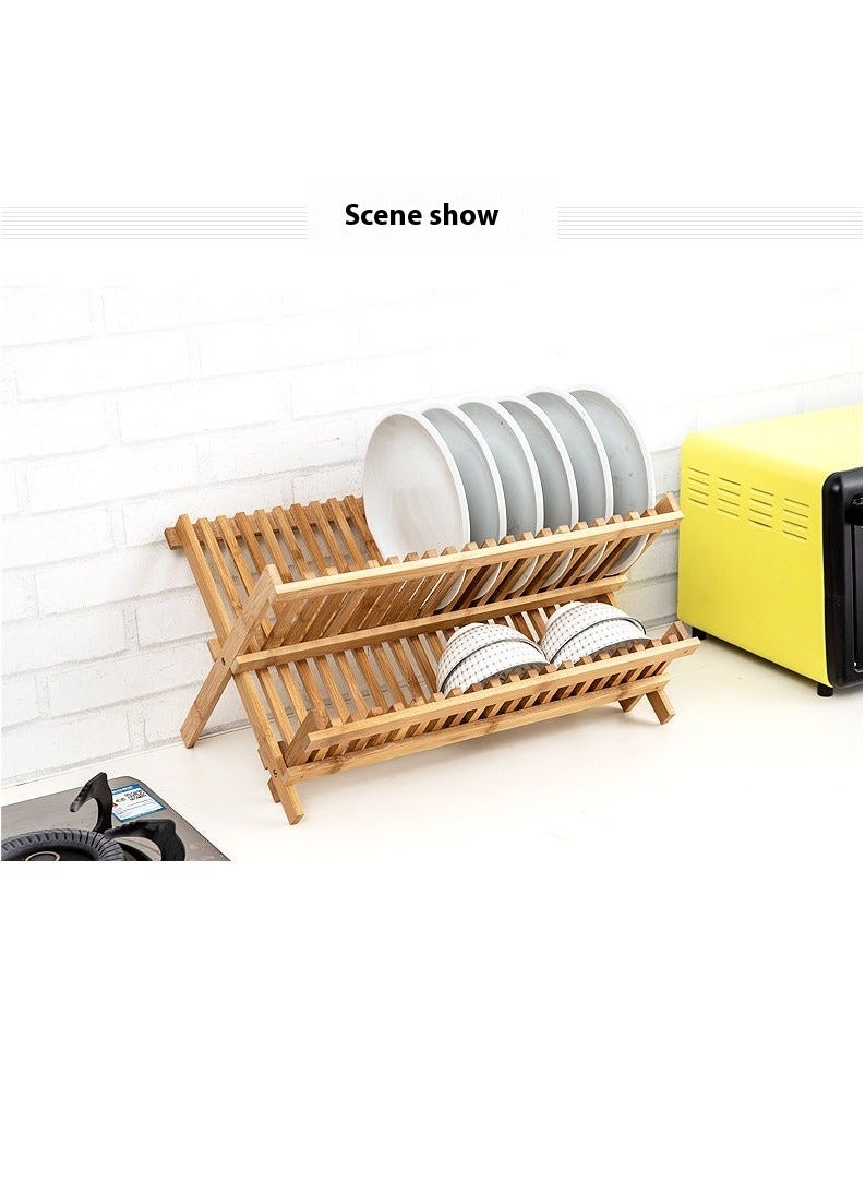 Bluejw Foldable Dish Drying Rack,2 Tier Wood Dish Drying Stand,Large Dish Strainer Rack For Bowls Plates Cups Pans,Collapsible Dish Bowl Storage Shelf For Kitchen Countertop Pantry - Image 4