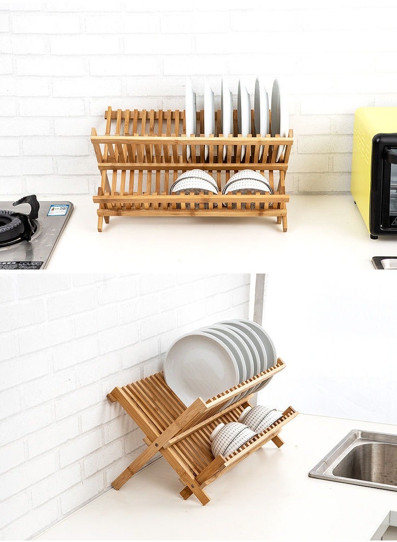 Bluejw Foldable Dish Drying Rack,2 Tier Wood Dish Drying Stand,Large Dish Strainer Rack For Bowls Plates Cups Pans,Collapsible Dish Bowl Storage Shelf For Kitchen Countertop Pantry - Image 5