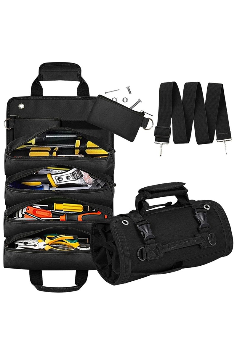 Roll Up Tool Bag, Heavy Duty Tool Roll Bag Tool Organizer Bag Portable Foldable Rollup Organizer with 2 Small Pouches Rollable Carrying Toolbag, Dad Men Mechanic Birthday Gifts (Black) - Image 1