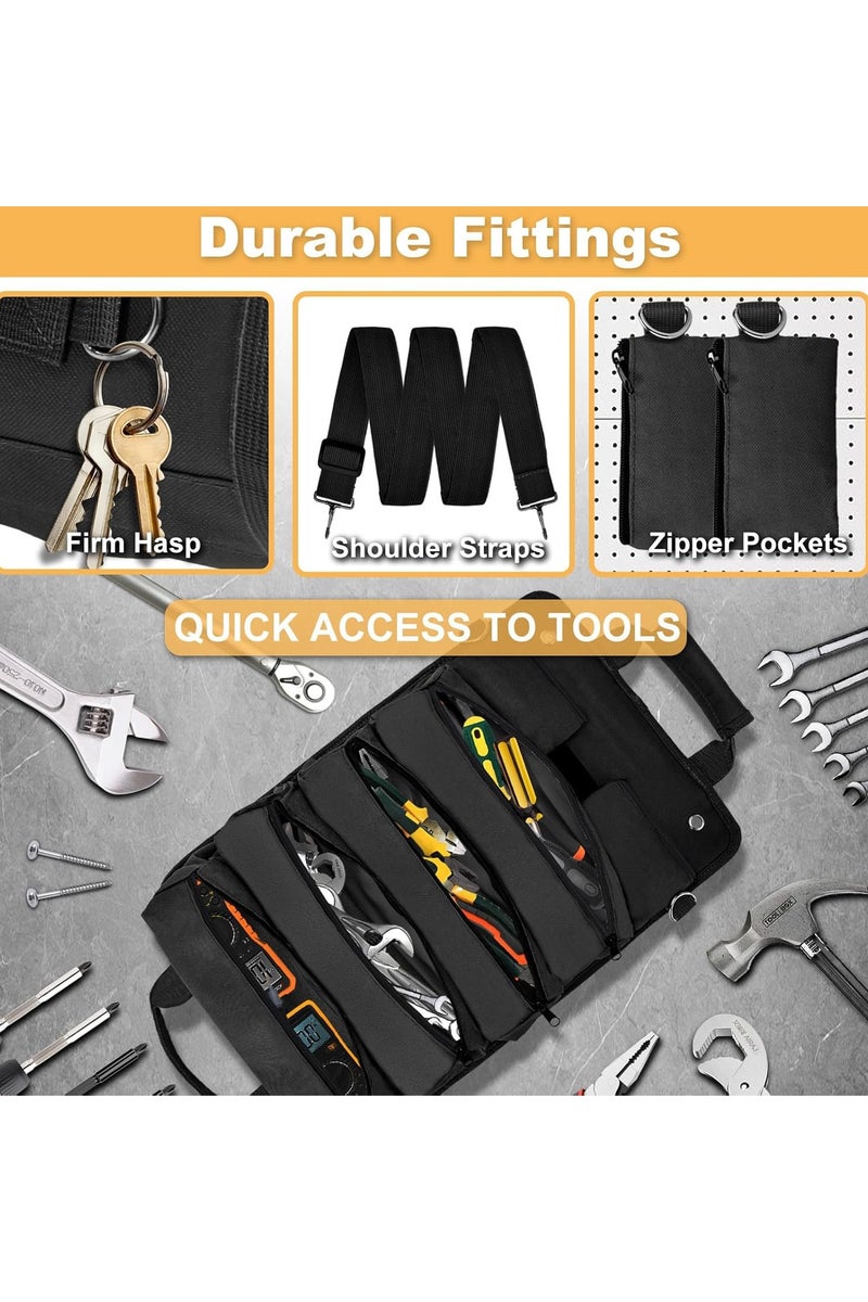 Roll Up Tool Bag, Heavy Duty Tool Roll Bag Tool Organizer Bag Portable Foldable Rollup Organizer with 2 Small Pouches Rollable Carrying Toolbag, Dad Men Mechanic Birthday Gifts (Black) - Image 4