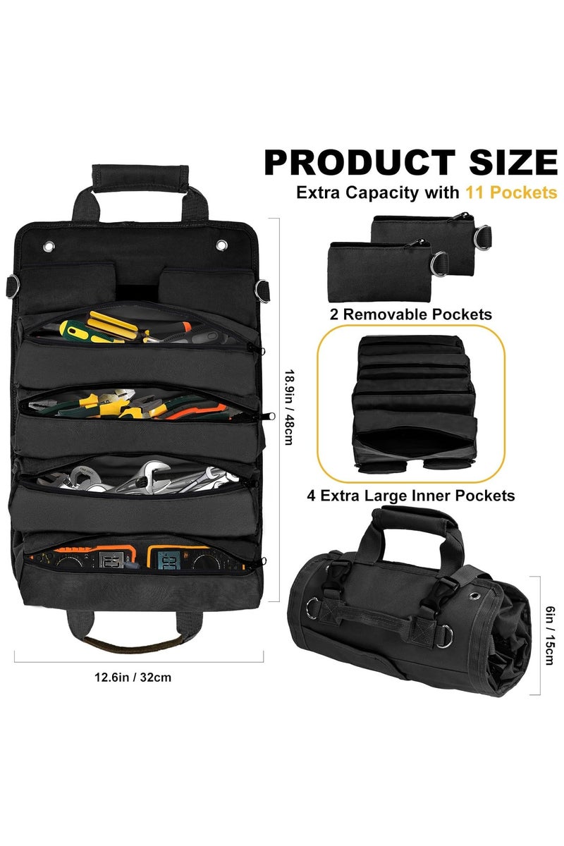 Roll Up Tool Bag, Heavy Duty Tool Roll Bag Tool Organizer Bag Portable Foldable Rollup Organizer with 2 Small Pouches Rollable Carrying Toolbag, Dad Men Mechanic Birthday Gifts (Black) - Image 2