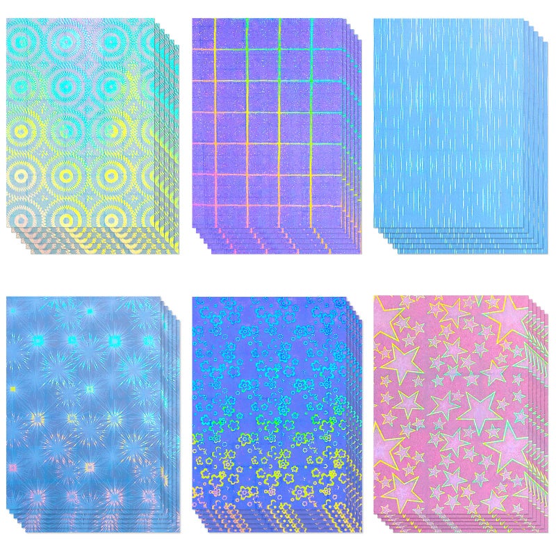 Clabby 36 Sheets Holographic Sticker Paper A4 Vinyl Holographic Laminate Sheets Self Adhesive Waterproof Transparent Film 117 x 83 inchesLineLatticeFireworkGearFlowerPentagram