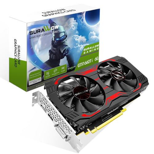 SURALLOW GTX 1660 TI 6GB Graphics Card, GDRR6,192-Bit,PCIE 3.0X16 Computer Graphics Card for Gaming PC,Twin Freeze Fans Video Card with HDMI/DP/DVI Ports for Gaming GPU - Image 1