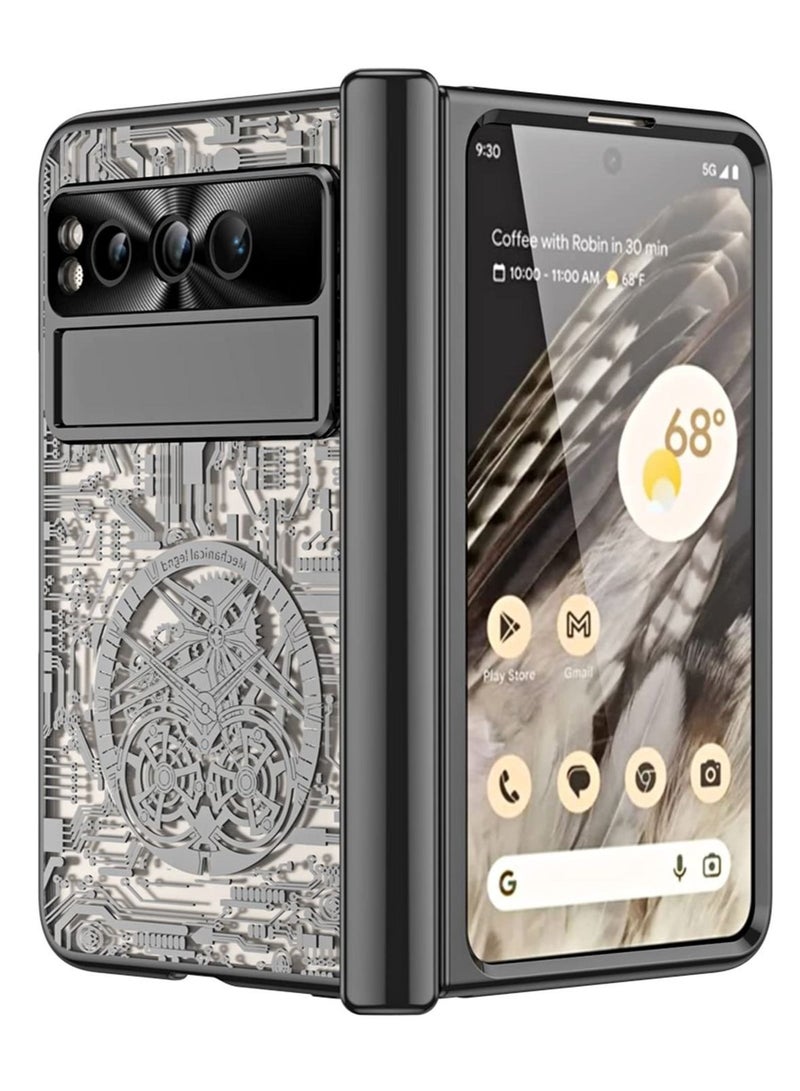 Captaintech Case for Google Pixel Fold Stylish Mechanical Gear Pattern Clear Plating PC All-Inclusive Case with Magnetic Hinge Protection Slide Kickstand and Front Screen Protector Black - Image 1