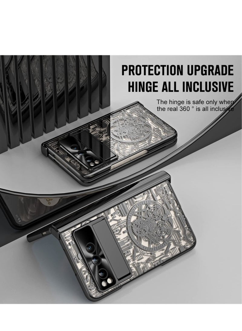 Captaintech Case for Google Pixel Fold Stylish Mechanical Gear Pattern Clear Plating PC All-Inclusive Case with Magnetic Hinge Protection Slide Kickstand and Front Screen Protector Black - Image 3