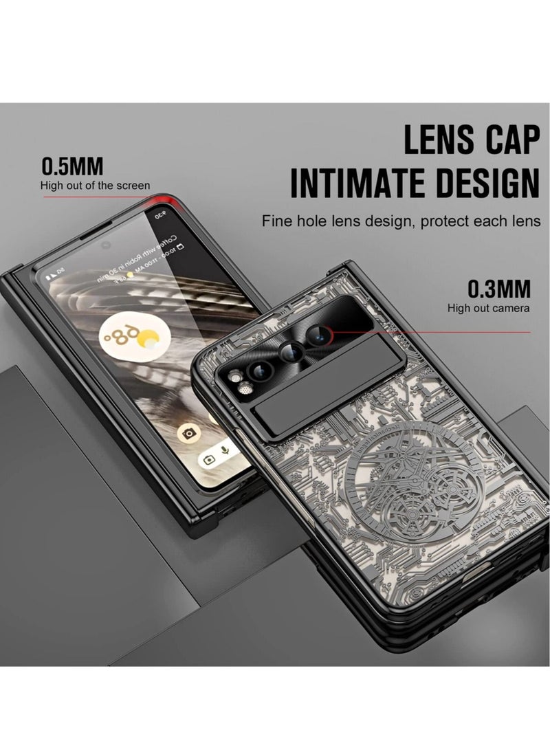 Captaintech Case for Google Pixel Fold Stylish Mechanical Gear Pattern Clear Plating PC All-Inclusive Case with Magnetic Hinge Protection Slide Kickstand and Front Screen Protector Black - Image 4