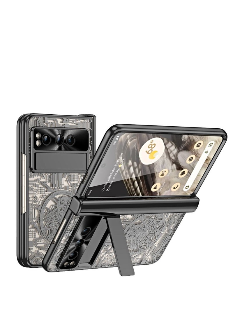 Captaintech Case for Google Pixel Fold Stylish Mechanical Gear Pattern Clear Plating PC All-Inclusive Case with Magnetic Hinge Protection Slide Kickstand and Front Screen Protector Black - Image 2