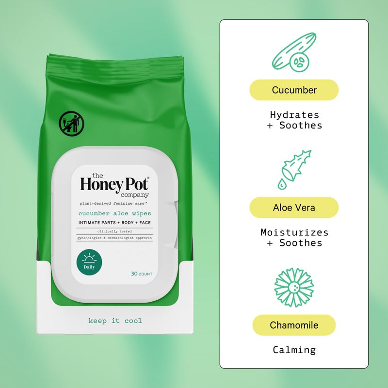 The Honey Pot Company - Feminine Wipes - Daily PH Balancing, Fragrance & Sulfate Free Wipes for Intimate Parts, Body, or Face - Hygiene Products - Cucumber Aloe 30 ct. - Image 2