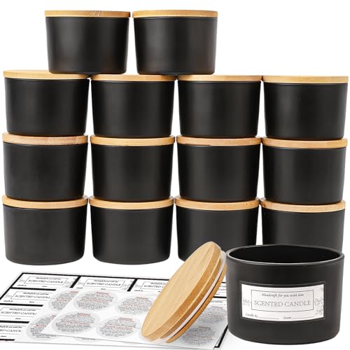 CONNOO 15 Pack 4 OZ Matte Black Glass Candle Jars with Airtight Bamboo Lids for Making Candles, Bulk Small Wide Mouth Empty Candle Containers with Sticky Warning Labels - Dishwasher Safe - Image 1