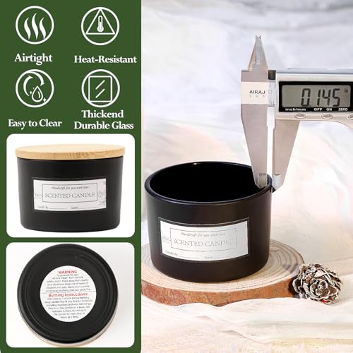CONNOO 15 Pack 4 OZ Matte Black Glass Candle Jars with Airtight Bamboo Lids for Making Candles, Bulk Small Wide Mouth Empty Candle Containers with Sticky Warning Labels - Dishwasher Safe - Image 5