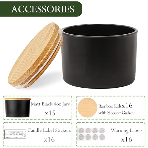 CONNOO 15 Pack 4 OZ Matte Black Glass Candle Jars with Airtight Bamboo Lids for Making Candles, Bulk Small Wide Mouth Empty Candle Containers with Sticky Warning Labels - Dishwasher Safe - Image 2