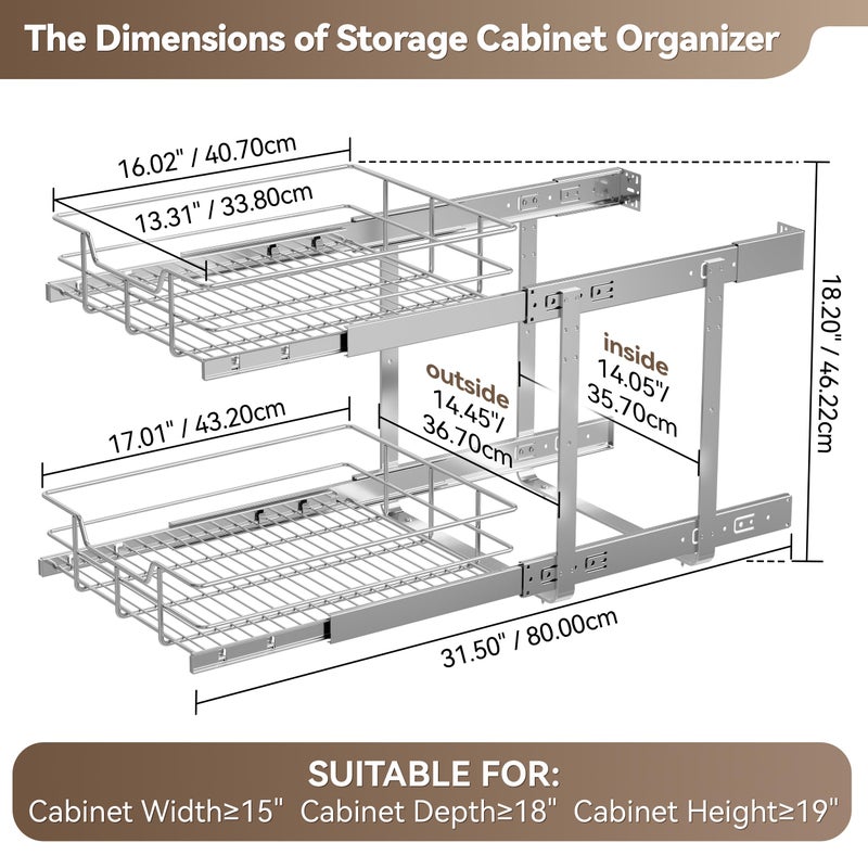 STORKING 2 Tier Pull Out Cabinet Organizer 15" W X 17" D, Slide Out Drawers for Kitchen Cabinets, Pull Out Drawers for Cabinets Capacity Heavy Duty Caddy, Cabinet Pullout Shelves Chrome-Plated,Bathroom Pantry - Image 2