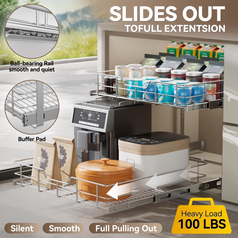 STORKING 2 Tier Pull Out Cabinet Organizer 15" W X 17" D, Slide Out Drawers for Kitchen Cabinets, Pull Out Drawers for Cabinets Capacity Heavy Duty Caddy, Cabinet Pullout Shelves Chrome-Plated,Bathroom Pantry - Image 3