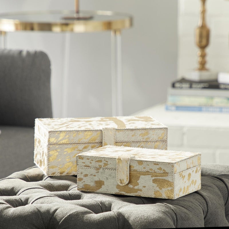 Deco 79 Leather Handmade Decorative Box Decorative Keepsake Boxes with Gold Foil Paint, Set of 2 Storage Boxes 8", 10"W, Gold - Image 5