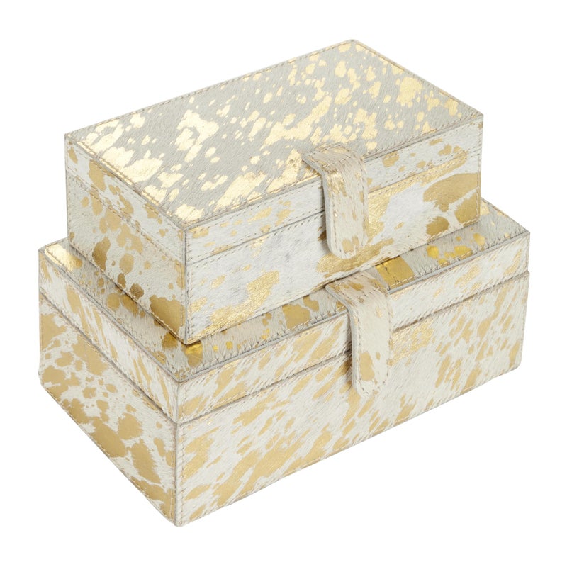 Deco 79 Leather Handmade Decorative Box Decorative Keepsake Boxes with Gold Foil Paint, Set of 2 Storage Boxes 8", 10"W, Gold - Image 1
