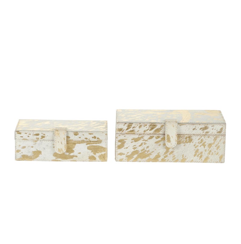 Deco 79 Leather Handmade Decorative Box Decorative Keepsake Boxes with Gold Foil Paint, Set of 2 Storage Boxes 8", 10"W, Gold - Image 2