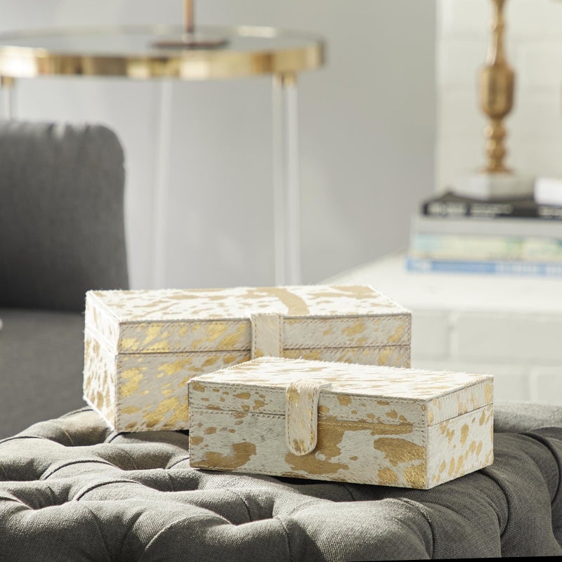 Deco 79 Leather Handmade Decorative Box Decorative Keepsake Boxes with Gold Foil Paint, Set of 2 Storage Boxes 8", 10"W, Gold - Image 3