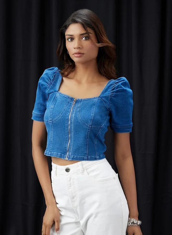 globus Women Blue Puff Sleeves Denim Corset Top