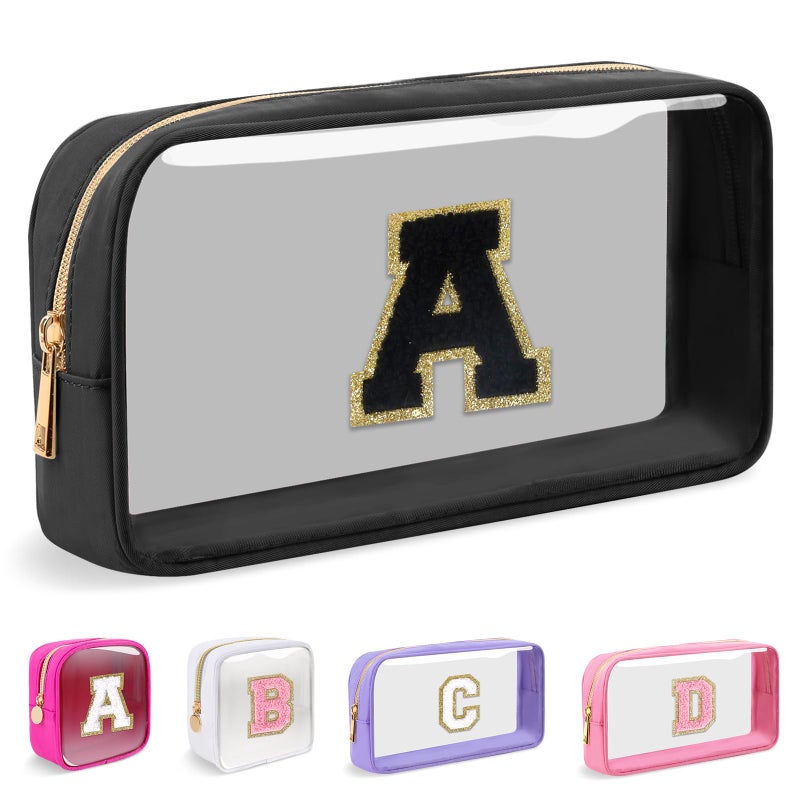 Iqimott Small Clear Personalized Initial Makeup BagNylon Preppy AZ Chenille Letter Patch Cosmetic Pouch Beach Toiletry BagWaterproof Zipper Travel Purse Storage Bag Organizer for Women GirlsBlackBlack A - Image 2