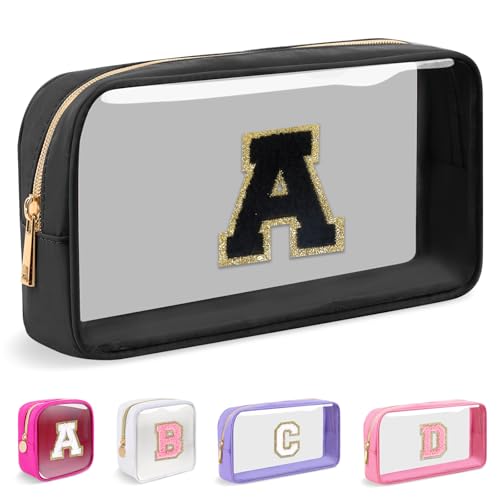 Iqimott Small Clear Personalized Initial Makeup BagNylon Preppy AZ Chenille Letter Patch Cosmetic Pouch Beach Toiletry BagWaterproof Zipper Travel Purse Storage Bag Organizer for Women GirlsBlackBlack A - Image 1
