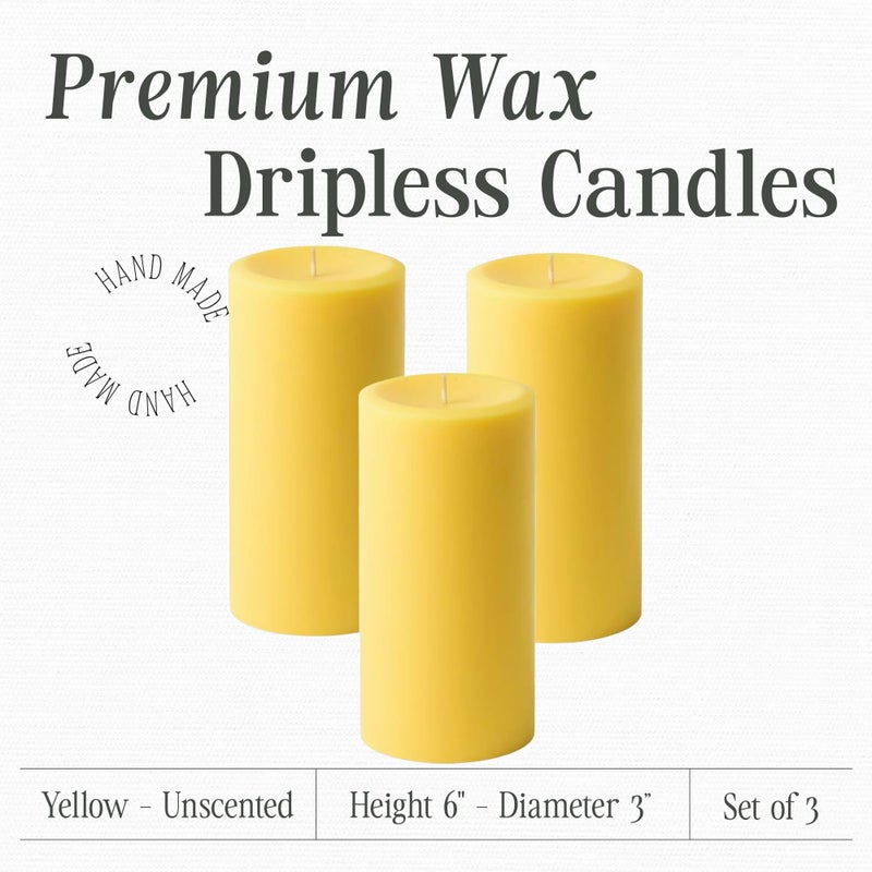 Mister Candle 3" x 6" Yellow Pillar Candles (Set of 3) Unscented, Solid Color, Hand Crafted Weddings, Home Decoration, Restaurants, Spa, Church, Holiday Candle Gift - Image 2