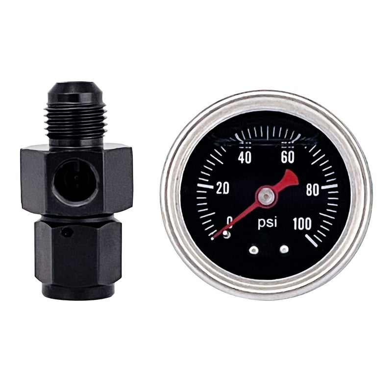 Fuel Pressure Gauge with 6AN Fuel Pressure Take Off Fitting 0100Psi 112 Black Dial 18 NPT Center Back Mount Glycerin Filled An6 Adapter