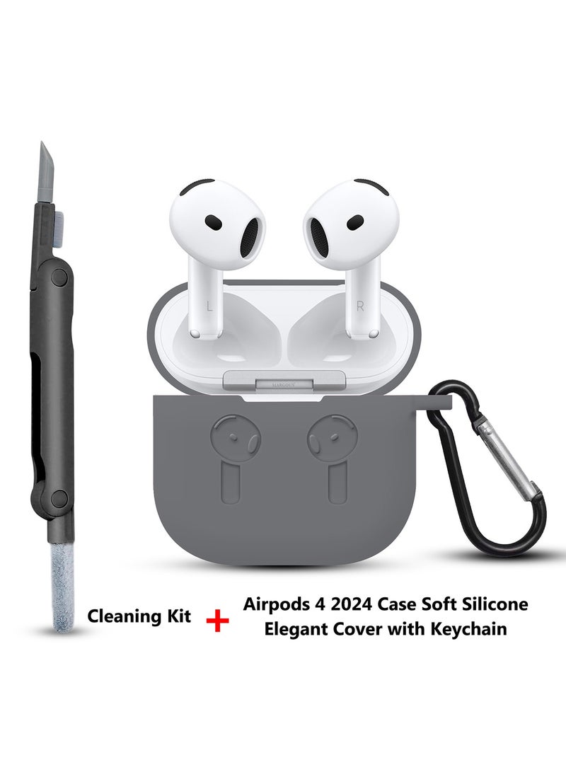 CATANES ( for Apple Airpods 4 2024 ) Case with Cleaner Kit Shockproof Protective Soft Silicone Case Cover with Carabiner Keychain - Dark Grey Case Black Cleaner - Image 2