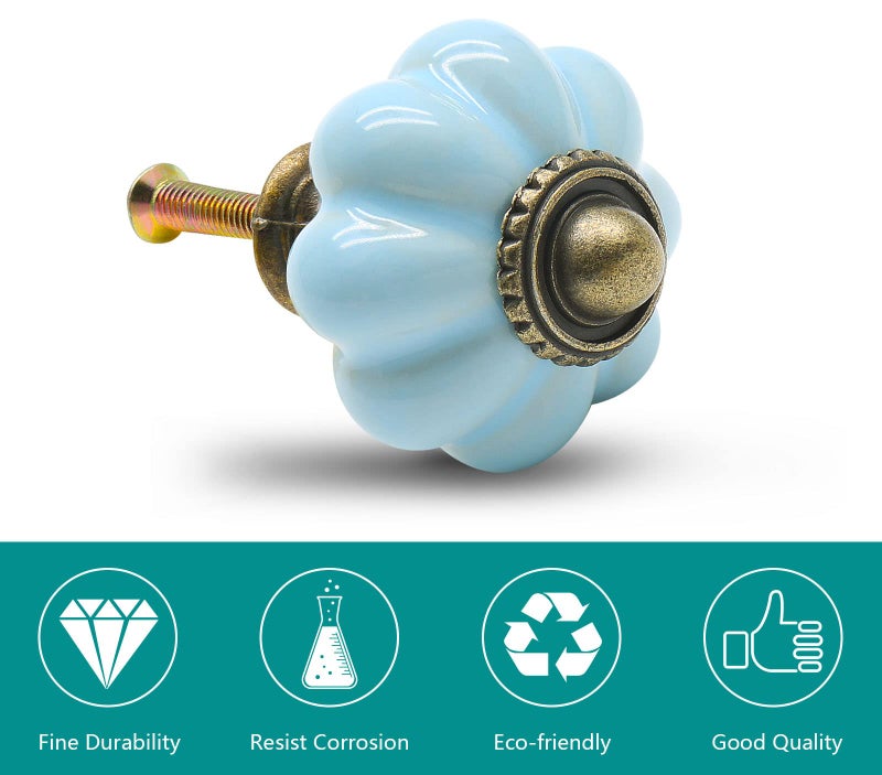 Seimneire 12pcs Baby Blue Pumpkin Knobs, Vintage Ceramic Cabinet Pulls, Dresser Handles With Mounting Screws for Drawers and Doors - Image 4