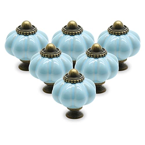 Seimneire 12pcs Baby Blue Pumpkin Knobs, Vintage Ceramic Cabinet Pulls, Dresser Handles With Mounting Screws for Drawers and Doors - Image 1