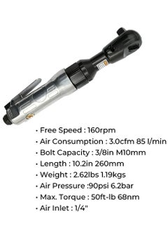 DEFAONS DEFAONS Heavy Duty Air Ratchet Wrench - 160rpm Pneumatic Tool with 50ft-lb Torque, 3/8in Bolt Capacity, and 90psi Air Pressure  - Image 3