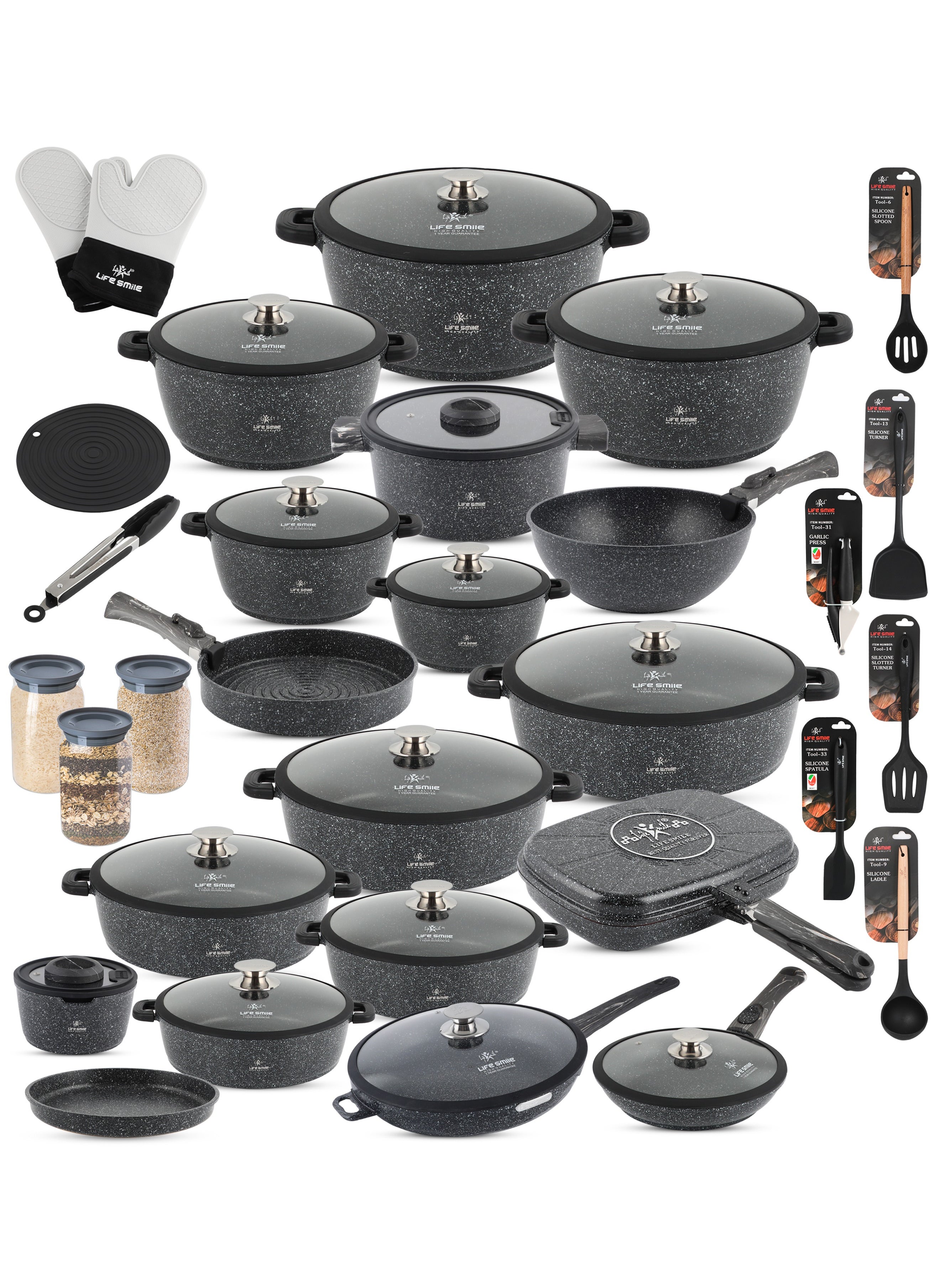 Life Smile Cookware Set - 68 pieces Pots and Pans Complete set Granite Non Stick Coating 100% PFOA FREE, Induction Base Cooking Set with Removable Silicone Handles - Oven Safe (Black) 