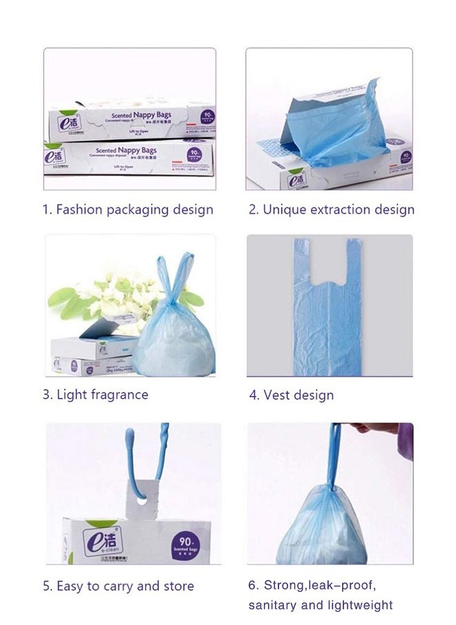 Lemon - 90Pcs Disposable Diaper Bags, with Handle Easy-Tie, for Collecting Nappies and Garbage, Blue - Image 1