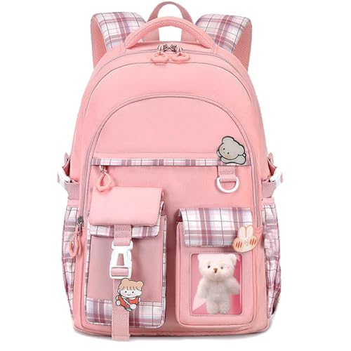 PRLINJSK Girls BackpackCute School Backpack for Girls Kids TeensKawaii Bookbag for Primary ElementaryPink - Image 1