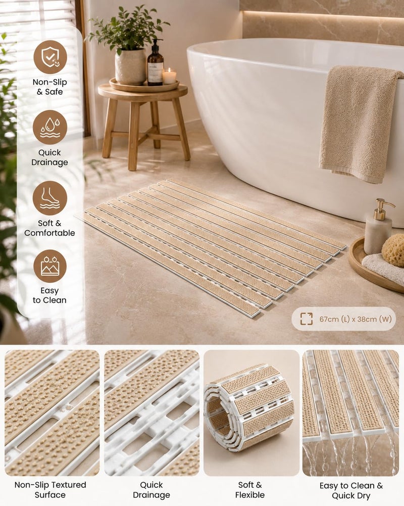 Non Slip Bath Mat for Shower & Bathtub, PVC Rollable Bathroom Mat 68 x 38 cm, Cut to Size, Quick Draining Shower Floor Mat, Anti Slip Bath Mat, Beige - Image 2