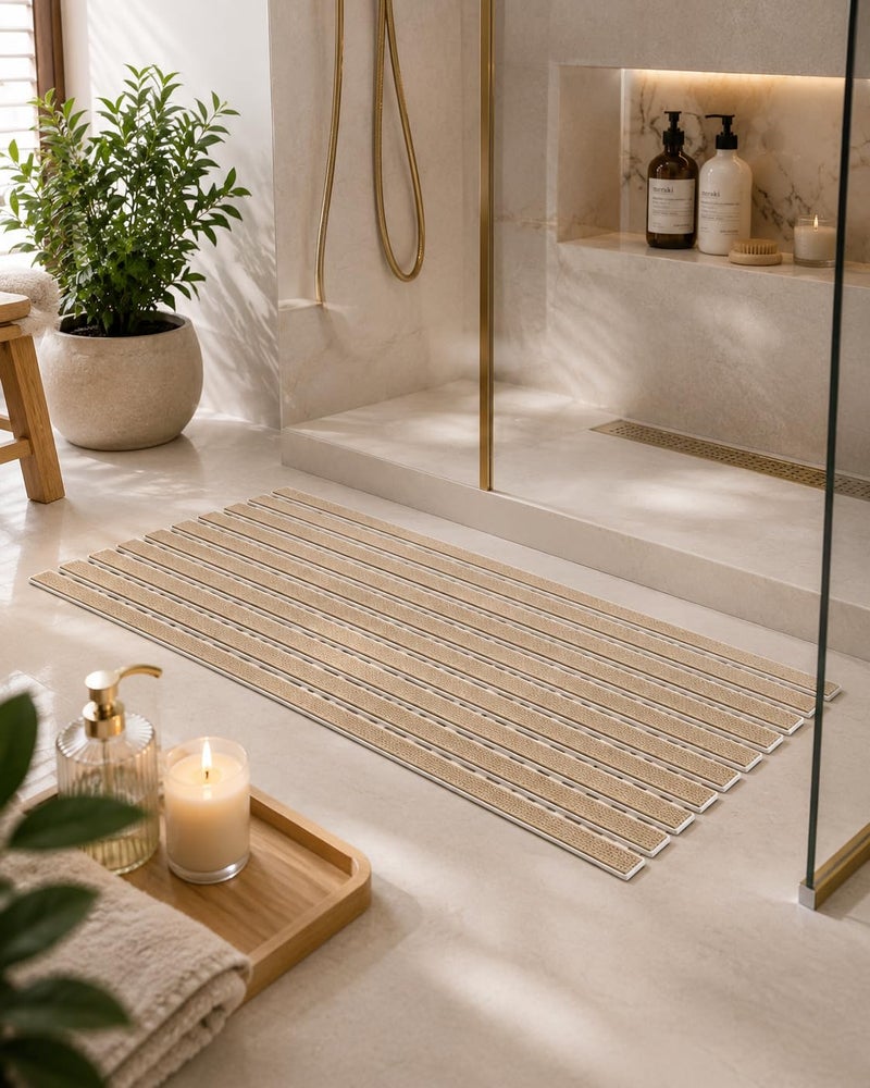 Non Slip Bath Mat for Shower & Bathtub, PVC Rollable Bathroom Mat 68 x 38 cm, Cut to Size, Quick Draining Shower Floor Mat, Anti Slip Bath Mat, Beige - Image 3
