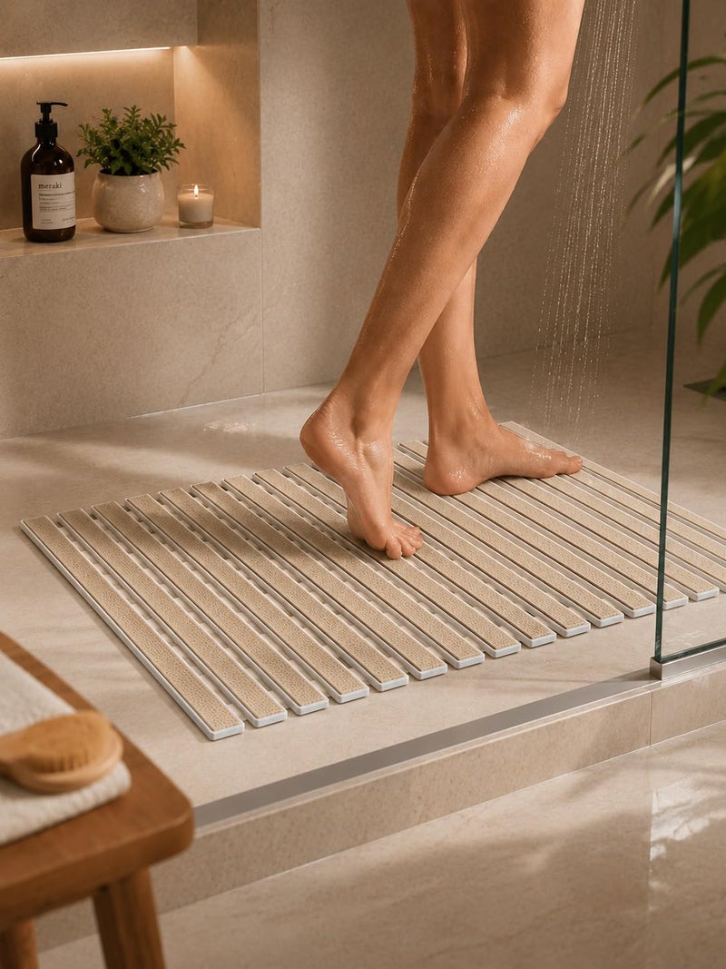 Non Slip Bath Mat for Shower & Bathtub, PVC Rollable Bathroom Mat 68 x 38 cm, Cut to Size, Quick Draining Shower Floor Mat, Anti Slip Bath Mat, Beige - Image 1