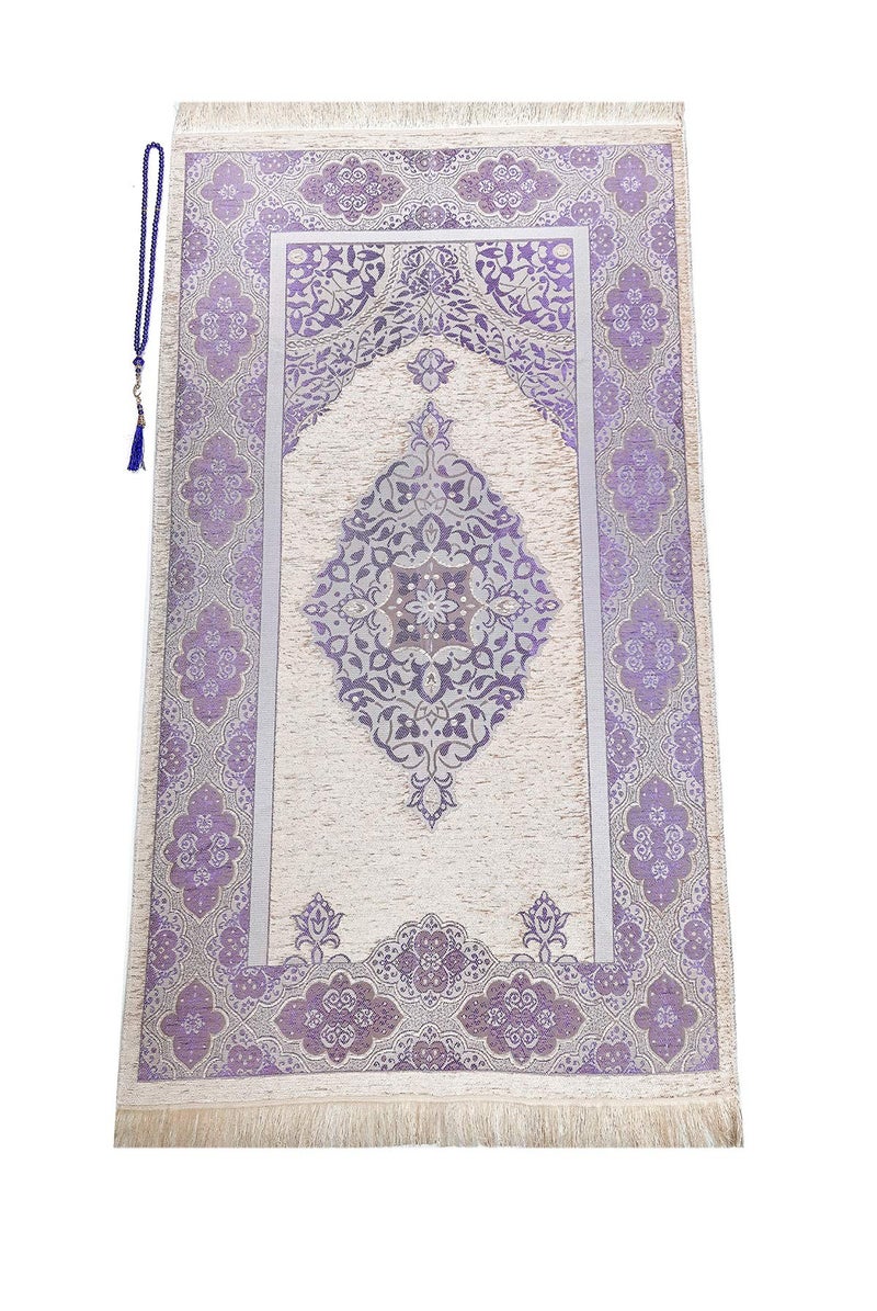 ihvan Online Muslim Prayer Rug with Prayer Beads Janamaz Sajadah Soft Islamic Prayers Rug Islamic Gift for Eid Ramadan Prayers Carpet Mat Chenille Fabric Dark Lilac