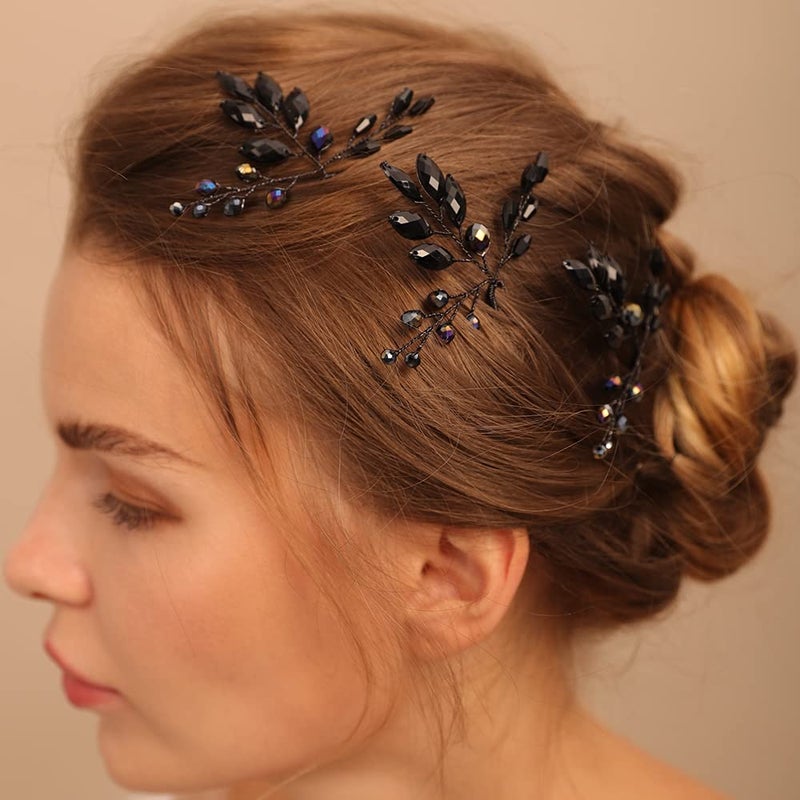 BERYUAN Bridal Black Rhinestone Hair Pins Women Crystal Wedding Hair Accessory Black Teardrop Crystal Hair Pins for Women and Girls3pcs