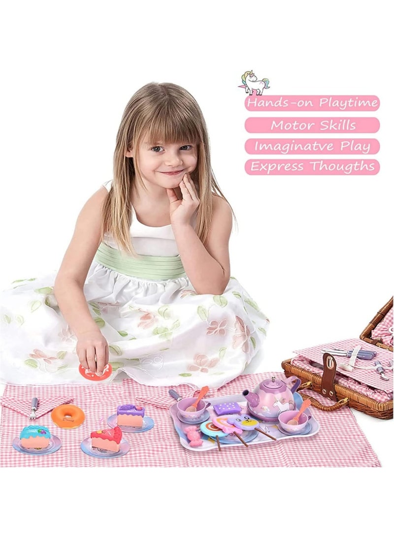 سوفام مجموعة شاي أحادي القرن لألعاب PCS للفتيات الصغار، حفلة الشاي للأميرة لعب الألعاب مجموعة شاي الأطفال بما في ذلك إبريق الشاي، الأكواب، الأطباق، الحلوى، والمشروبات وحقائب الحمل، المطبخ التظاهر بلعب الألعاب (مجموعة شاي وحيد القرن) - Image 3