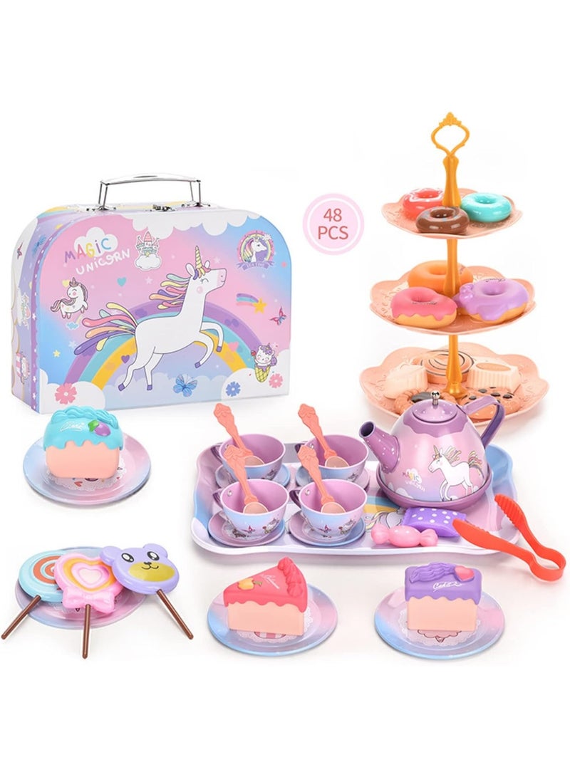 سوفام مجموعة شاي أحادي القرن لألعاب PCS للفتيات الصغار، حفلة الشاي للأميرة لعب الألعاب مجموعة شاي الأطفال بما في ذلك إبريق الشاي، الأكواب، الأطباق، الحلوى، والمشروبات وحقائب الحمل، المطبخ التظاهر بلعب الألعاب (مجموعة شاي وحيد القرن) - Image 2